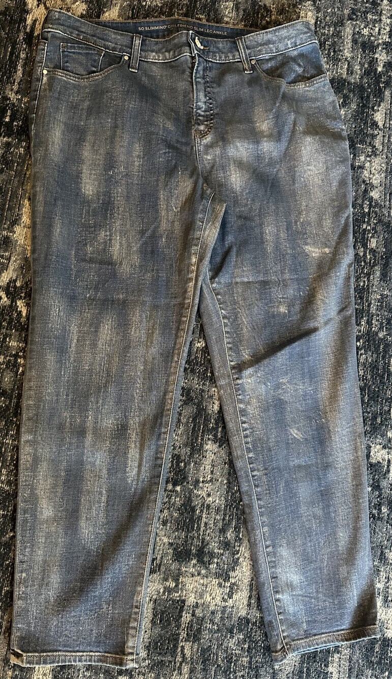 Chico's So Slimming Jeans 14R Girlfriend Slim Leg Ankle Metallic Paint Splatter